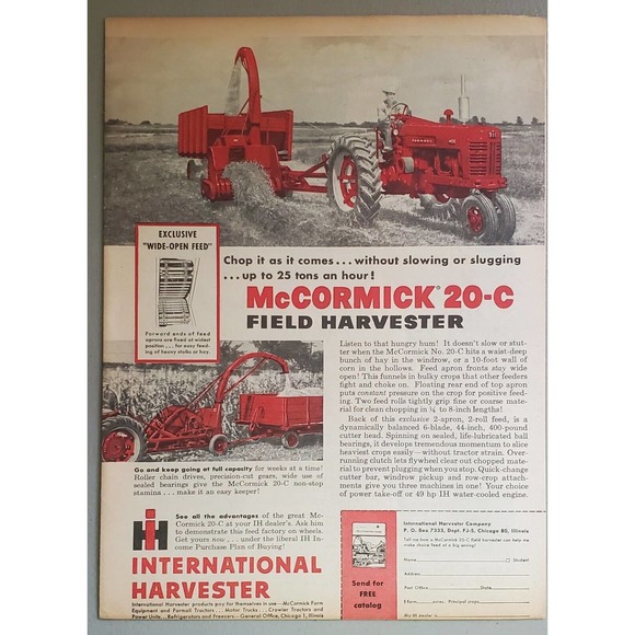 1955 International McCormick 20-C Field Harvester Magazine Ad - Picture 1 of 2